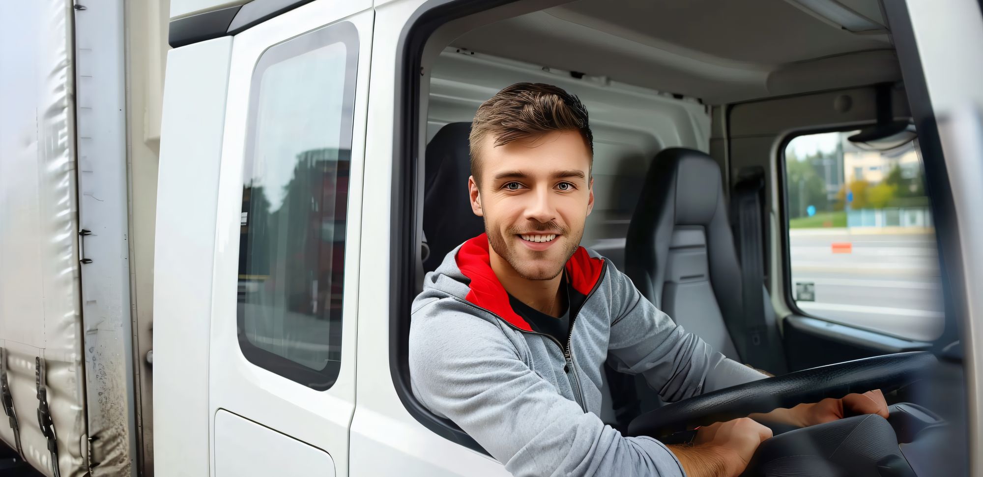 a delivery driver leaning out of the van window smiling