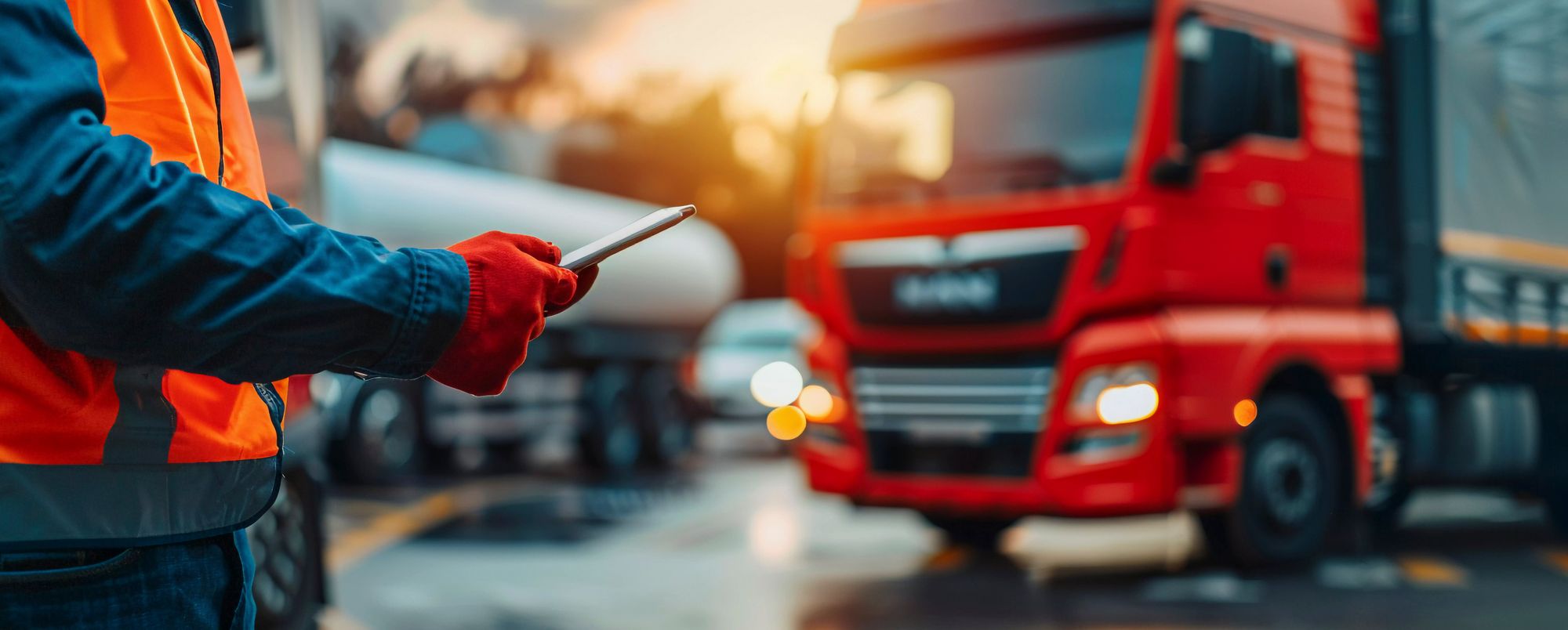 a mechanic holds up a tool infront of his lorry