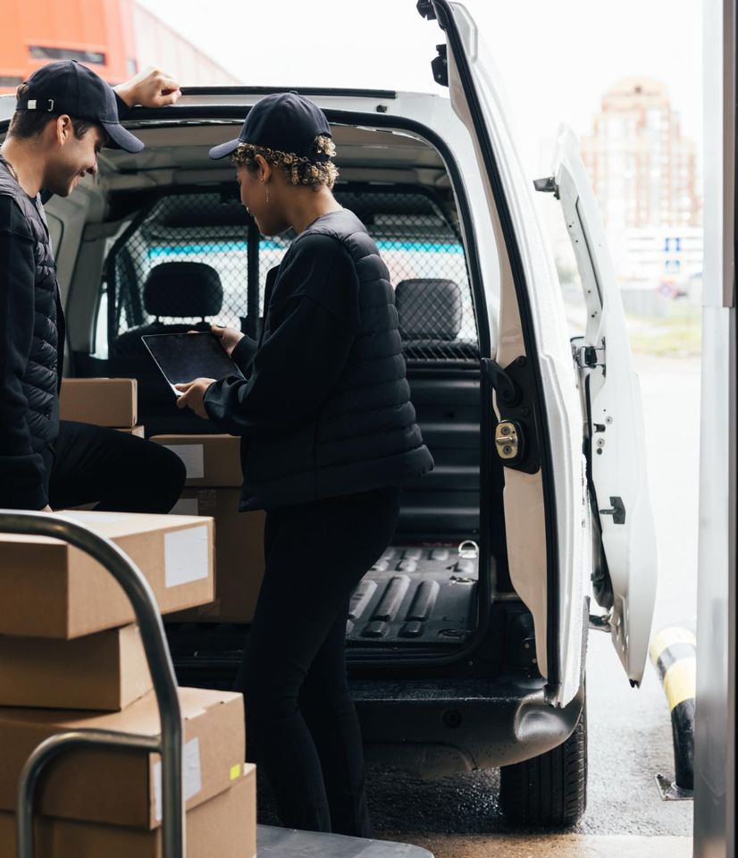 parcels and a worker in the back of a delivery van